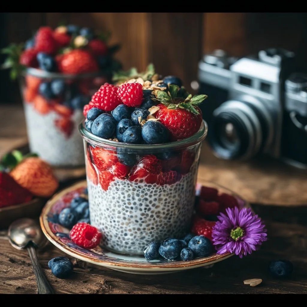 Chia pudding topped with fresh berries in a glass bowl