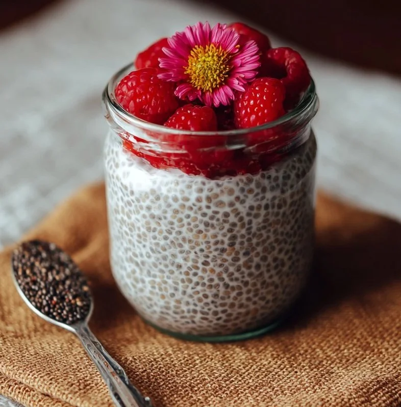 Bowl of creamy chia seed pudding topped with fresh fruits and nuts