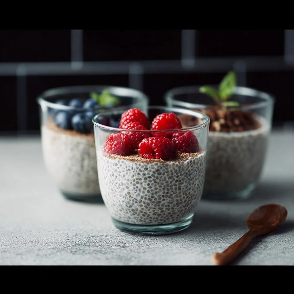 Delicious chia seed pudding topped with fresh fruits and nuts