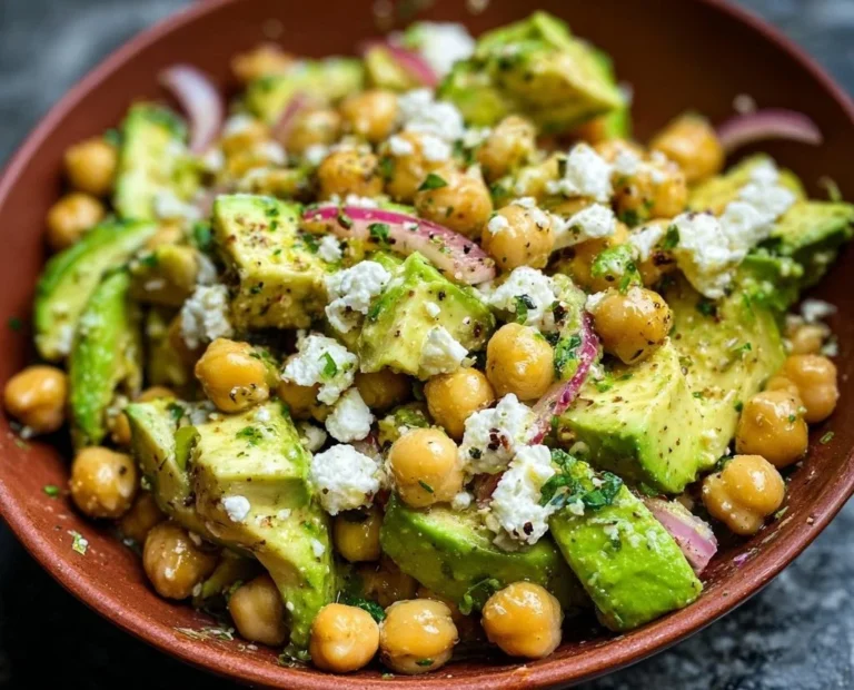 Chickpea Feta Avocado Salad with fresh ingredients in a bowl