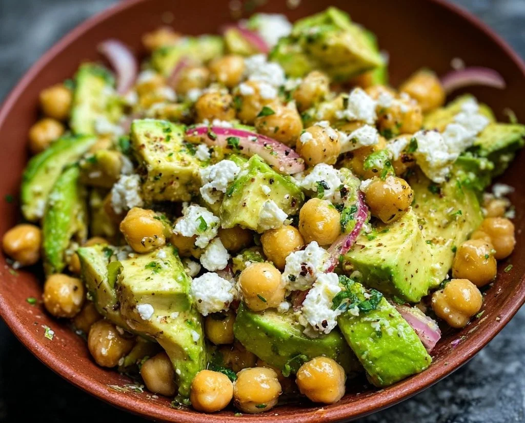 Chickpea Feta Avocado Salad with fresh ingredients in a bowl