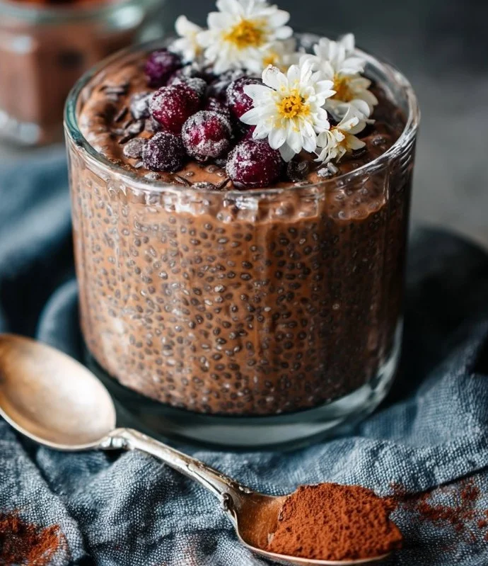 Delicious chocolate chia seed pudding topped with berries and nuts