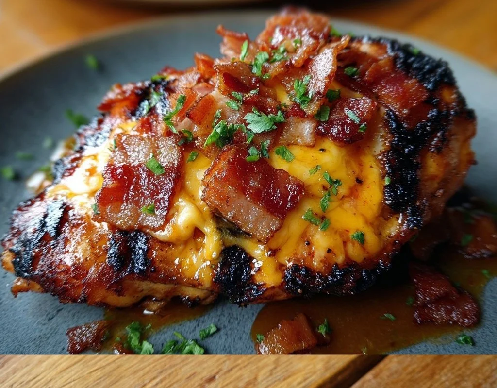 Delicious Cowboy BBQ Bacon Cheddar Chicken recipe with smoky flavors.