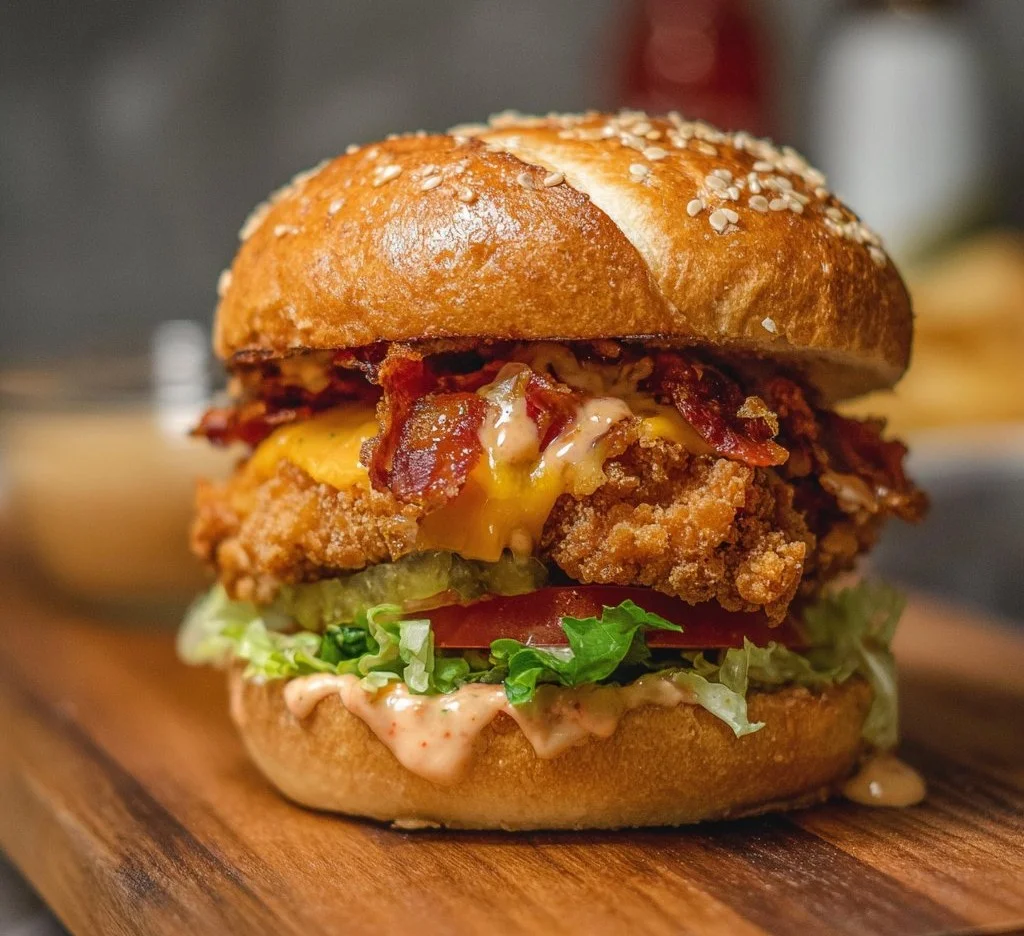 Delicious Crack Chicken Burger topped with fresh ingredients on a sesame seed bun
