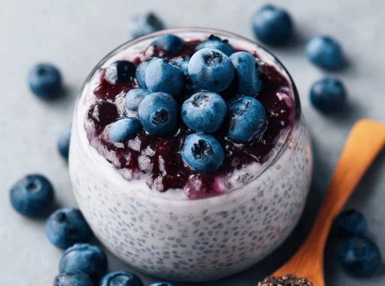 Creamy blueberry chia seed pudding in a glass topped with fresh blueberries