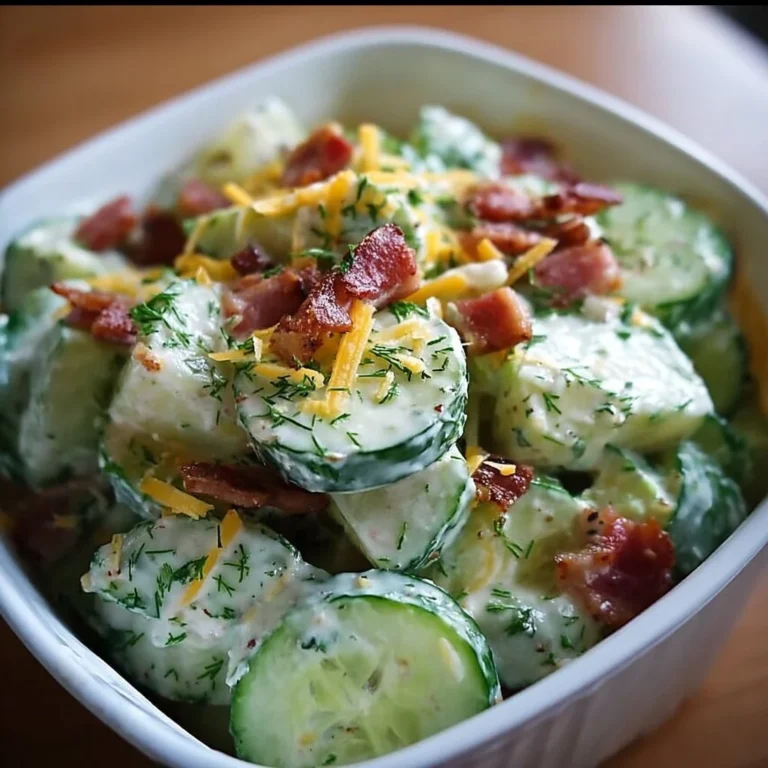 Creamy cucumber salad with bacon and cheese served in a bowl