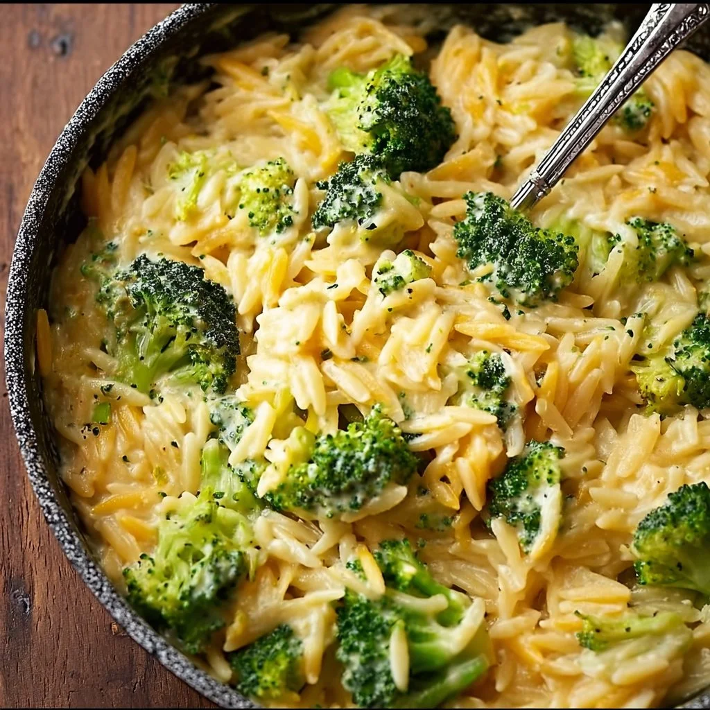 Creamy one-pot broccoli cheddar orzo garnished and ready to serve