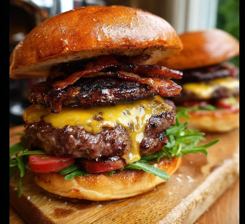 Delicious crispy bacon burgers served on a plate with toppings