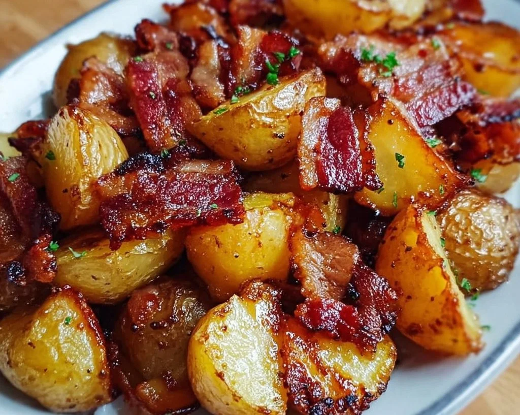 Plate of Crispy Bacon Honey Roasted Potatoes garnished with herbs