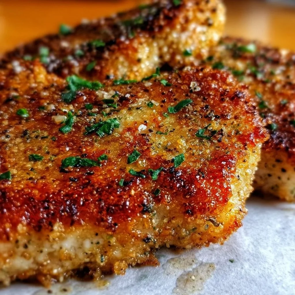 Crispy Baked Parmesan Pork Chops on a plate with a side of vegetables