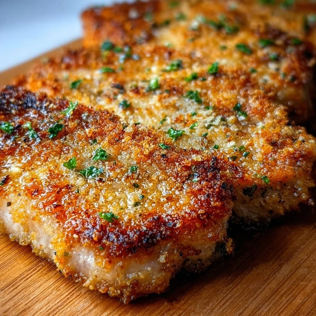 Crispy Baked Parmesan Pork Chops served with herbs and spices