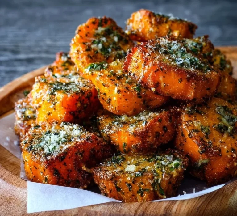 Crispy baked sweet potato bites topped with parmesan herb butter