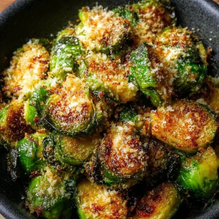 Crispy garlic parmesan Brussels sprouts on a serving plate