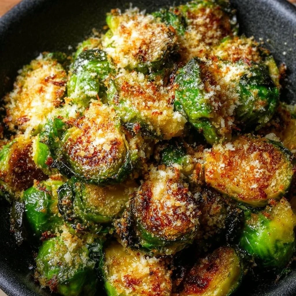 Crispy garlic parmesan Brussels sprouts on a serving plate