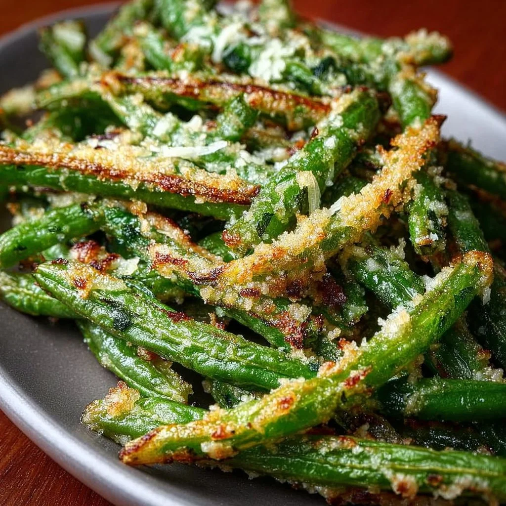 Crispy garlic parmesan roasted green beans served on a plate
