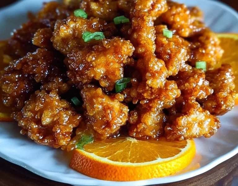 Delicious crispy orange chicken served on a plate garnished with sesame seeds.