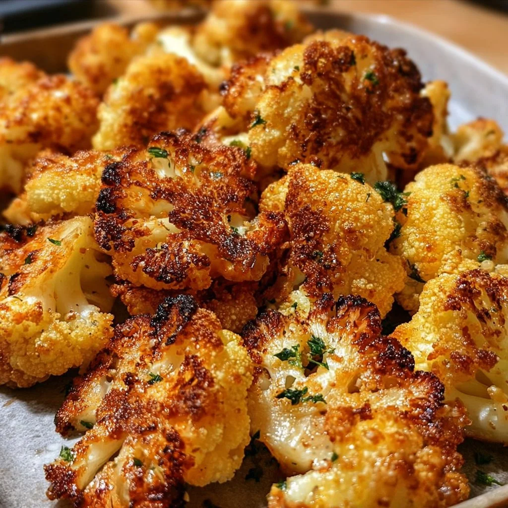 Crispy oven roasted cauliflower served on a plate