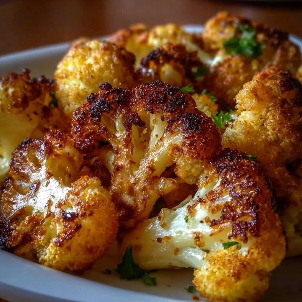 Crispy roasted cauliflower garnished with herbs on a plate