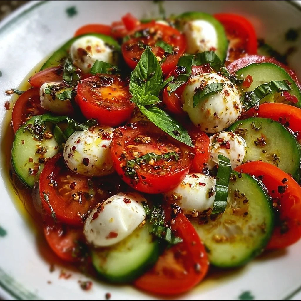 Delicious Cucumber Caprese Salad with fresh tomatoes, mozzarella, and basil