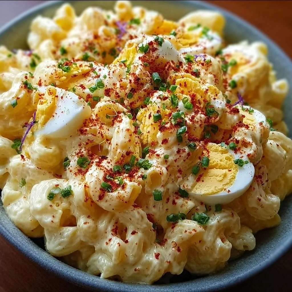 Creamy deviled egg macaroni salad served in a bowl with fresh herbs