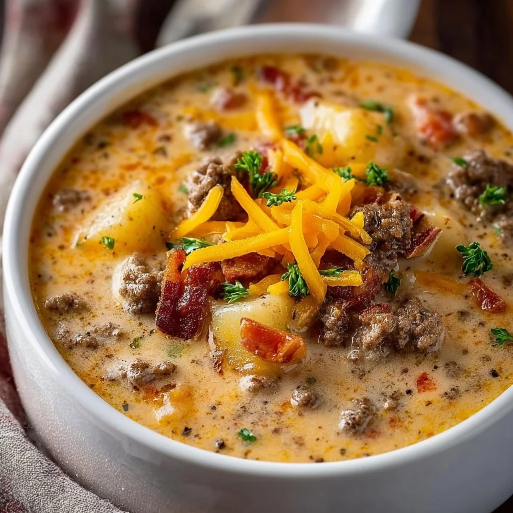 Bowl of hearty cheeseburger soup topped with cheese and herbs