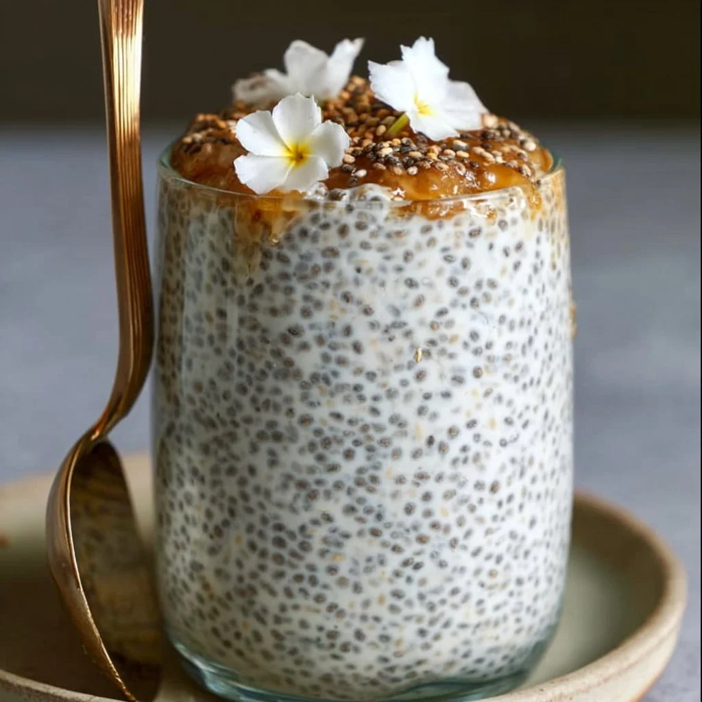 Delicious coconut chia pudding topped with coconut flakes and almonds.