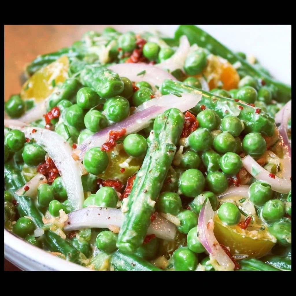 Easy English Pea Salad featuring vibrant green peas and fresh ingredients.