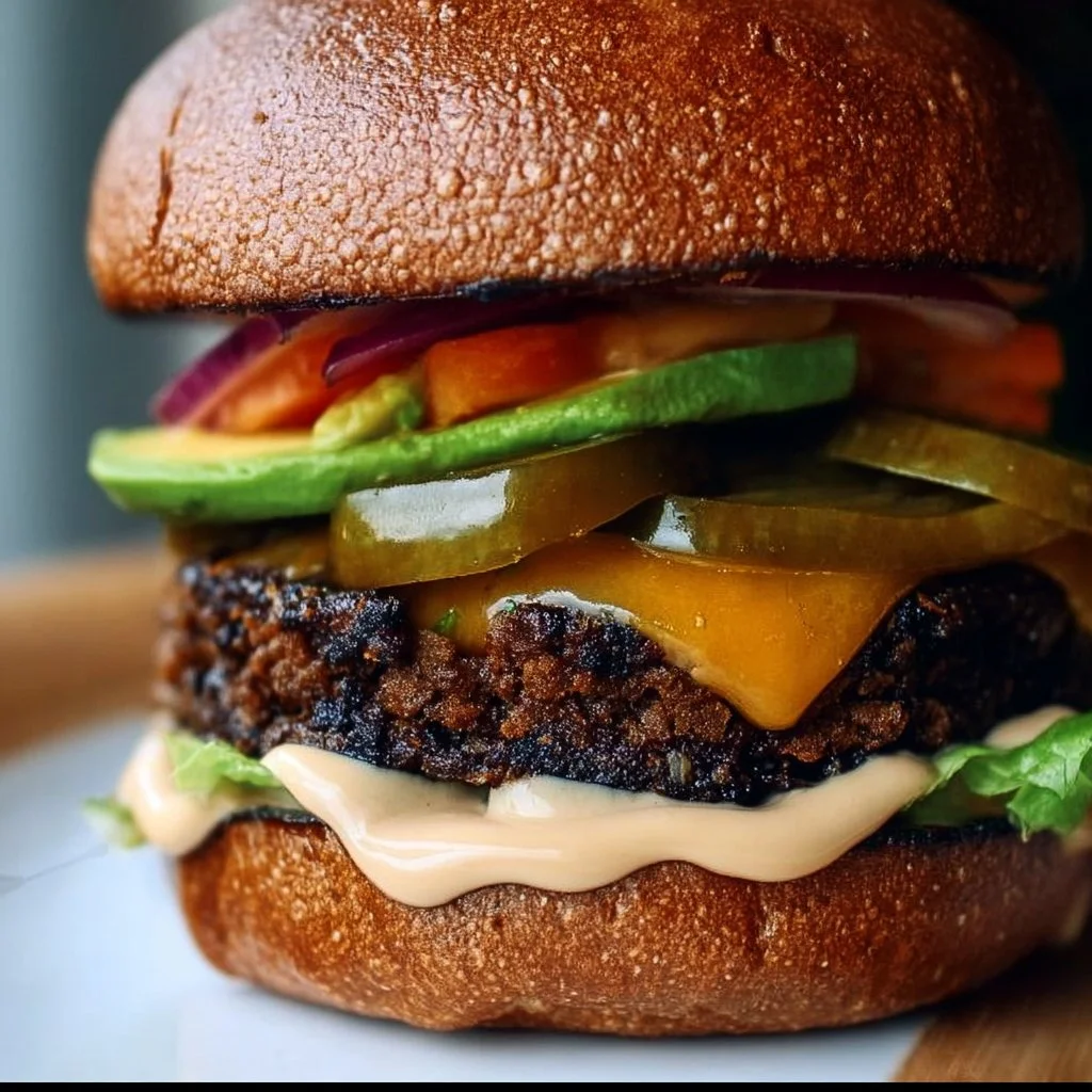 Delicious and healthy epic black bean burger on a plate with fresh toppings.