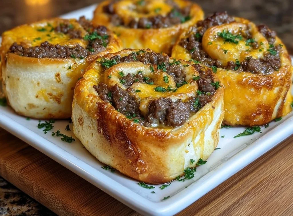 Garlic butter beef cheeseburger rollups served on a platter.