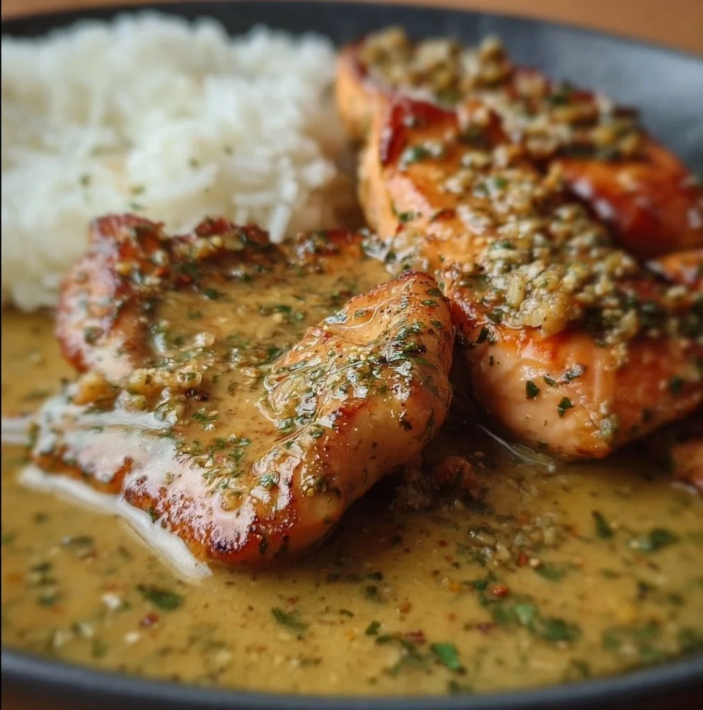 Plate of Garlic Butter Chicken and Salmon garnished with herbs