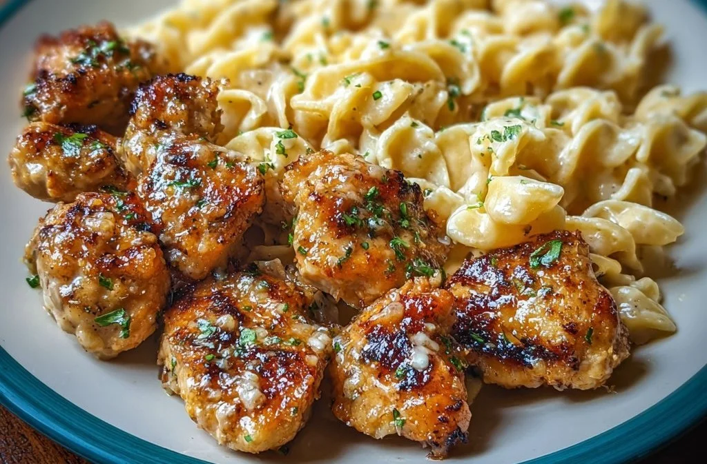 Garlic Butter Chicken Bites with creamy Parmesan pasta served on a plate