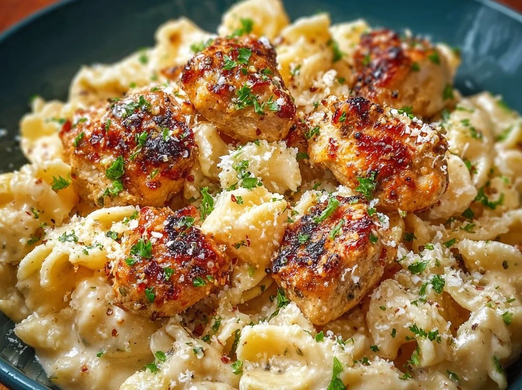 Garlic Butter Chicken Bites with Savory Creamy Parmesan Pasta