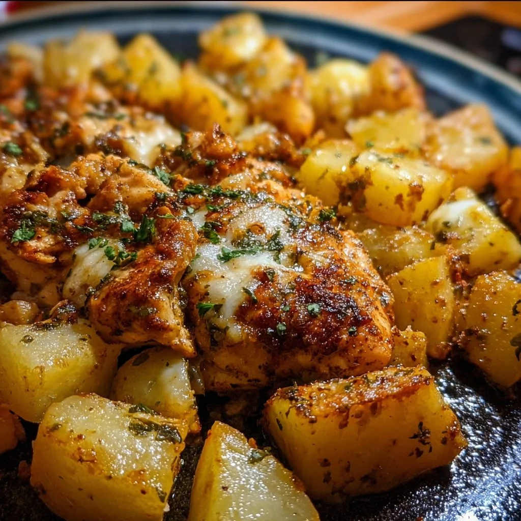 Garlic Parmesan Chicken served with seasoned potatoes on a plate