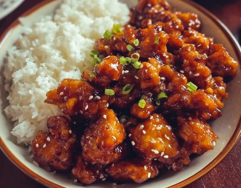 Delicious General Tso's Chicken served with vegetables and rice