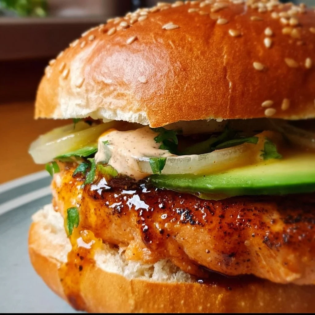 Gordon Ramsay's delicious salmon burger on a plate with garnishes