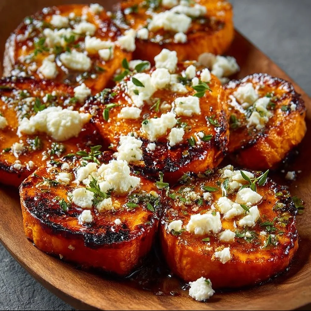 Gourmet honey feta sweet potato rounds on a platter