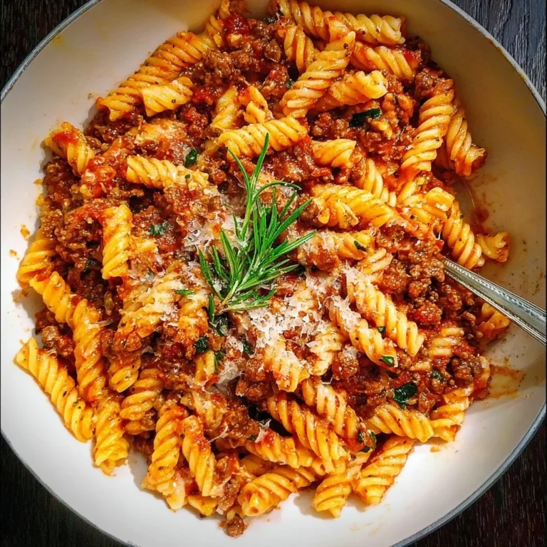 Plate of ground beef pasta with tomato sauce and herbs, a tasty dinner option.