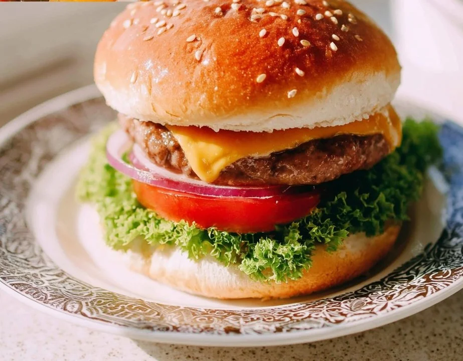 Juicy homemade hamburger topped with fresh lettuce, tomato, and cheese