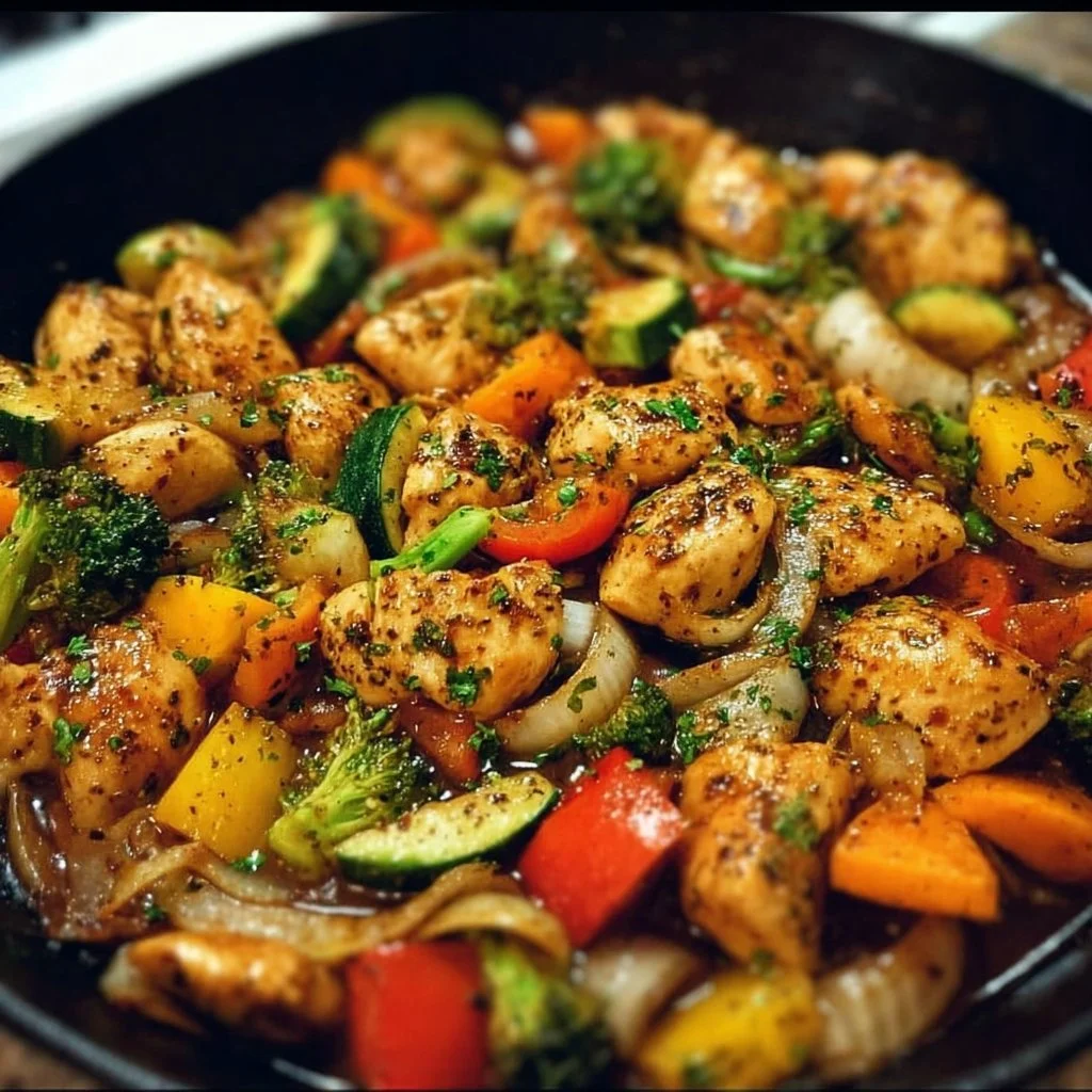 Healthy chicken skillet with colorful vegetables in a frying pan