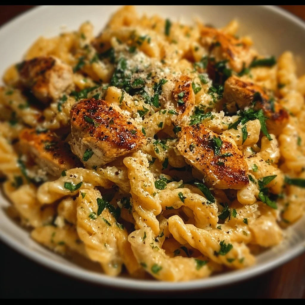 A healthy bowl of garlic parmesan chicken pasta with herbs and cheese