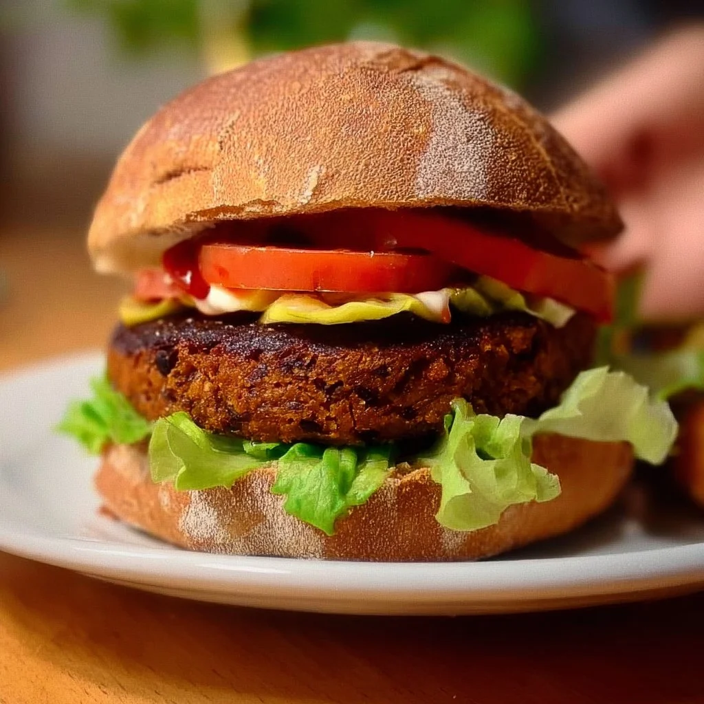 Delicious vegan black bean burger served with fresh toppings
