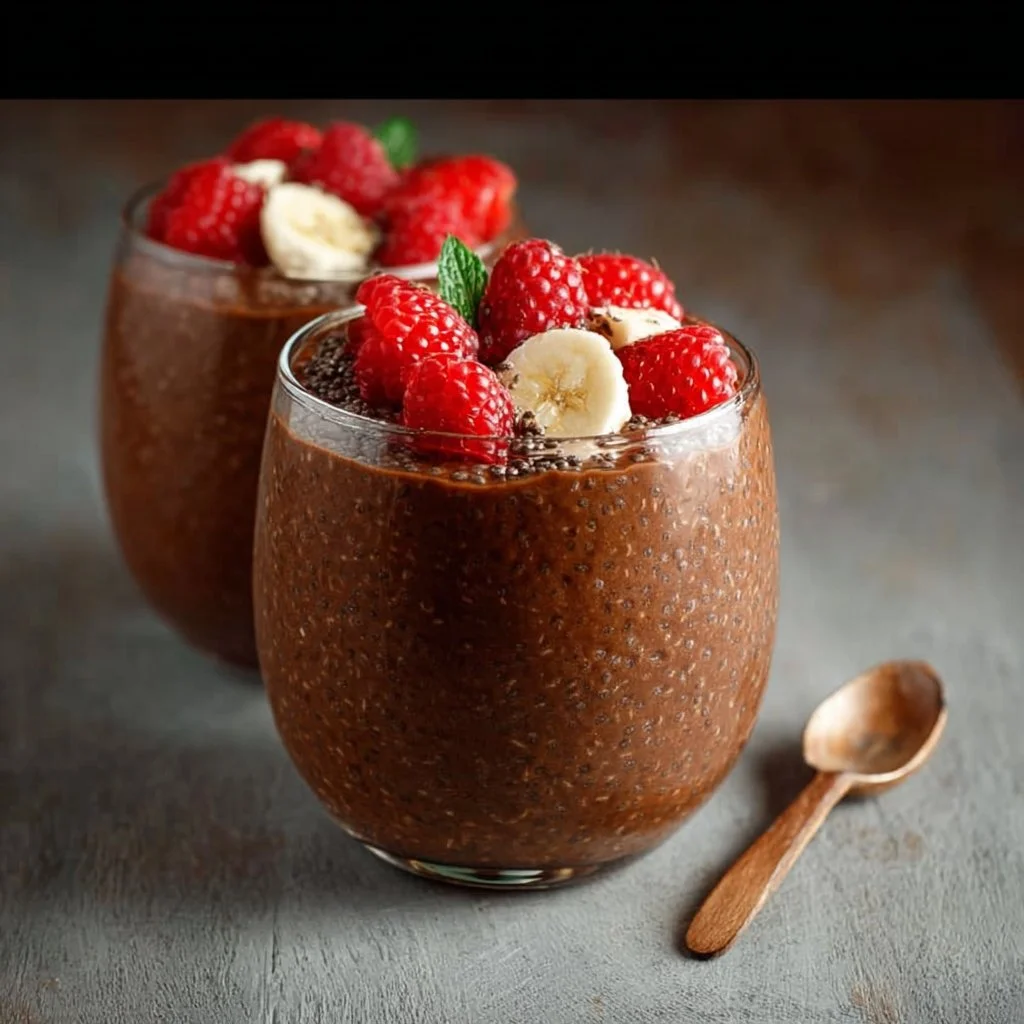 Bowl of high protein chocolate chia pudding topped with fresh berries.
