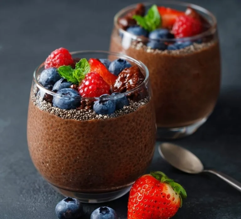 High protein chocolate chia seed pudding in a glass with chocolate sprinkles.
