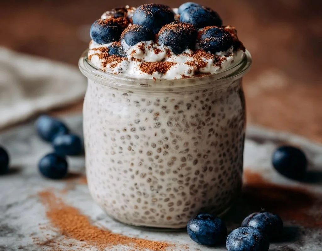 High-protein vanilla chia pudding served in a jar with toppings