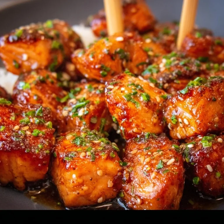 Honey garlic salmon bites garnished with herbs on a plate