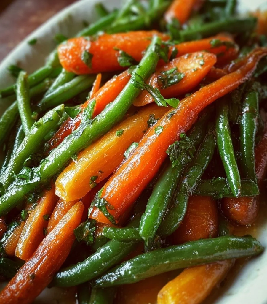 Close-up of honey glazed carrots and green beans on a plate