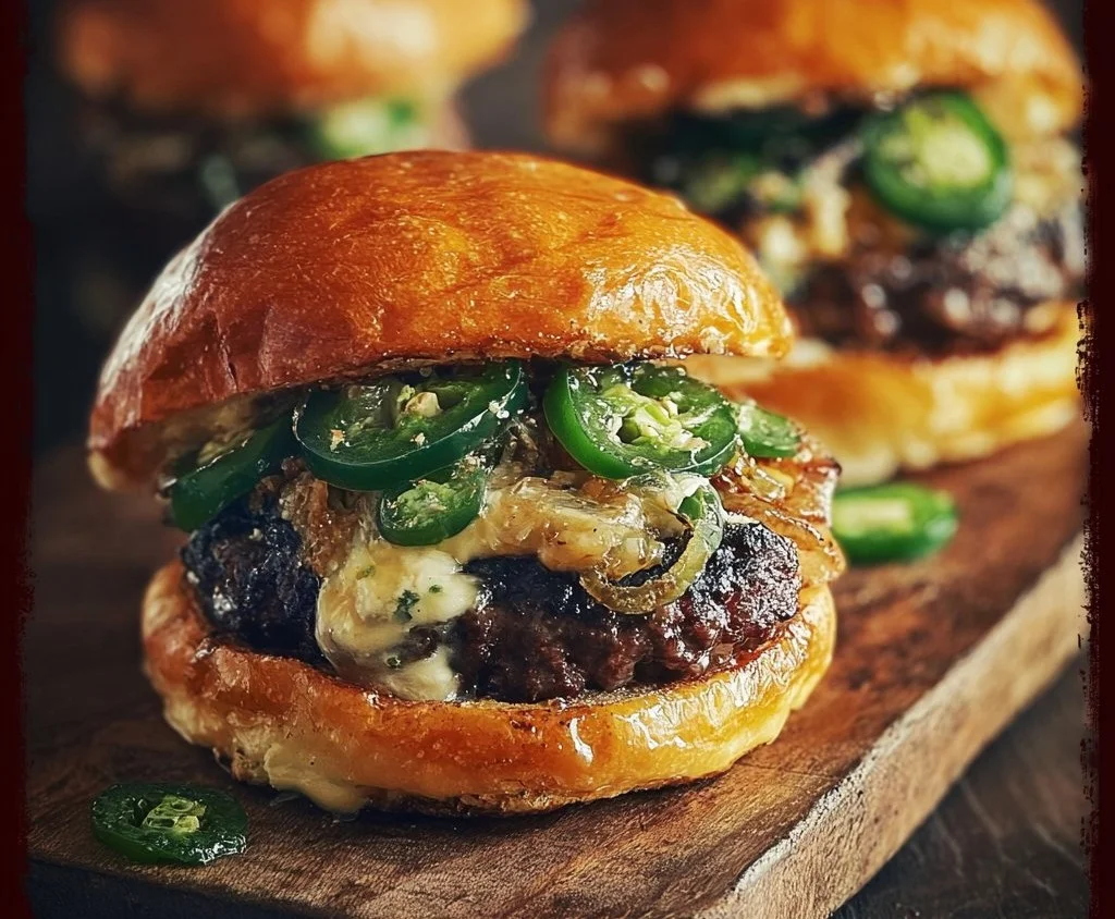 Jalapeño-onion smash burgers served on a wooden platter