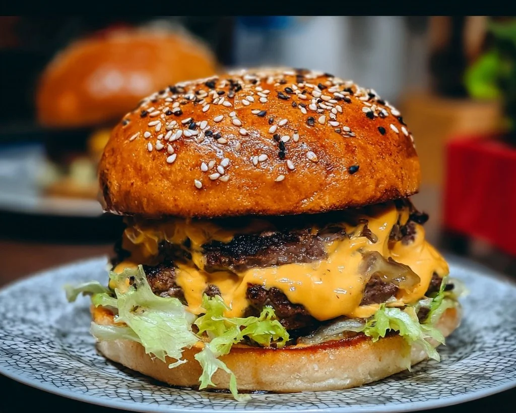 Delicious juicy smash burger sizzles on the grill with melted cheese.