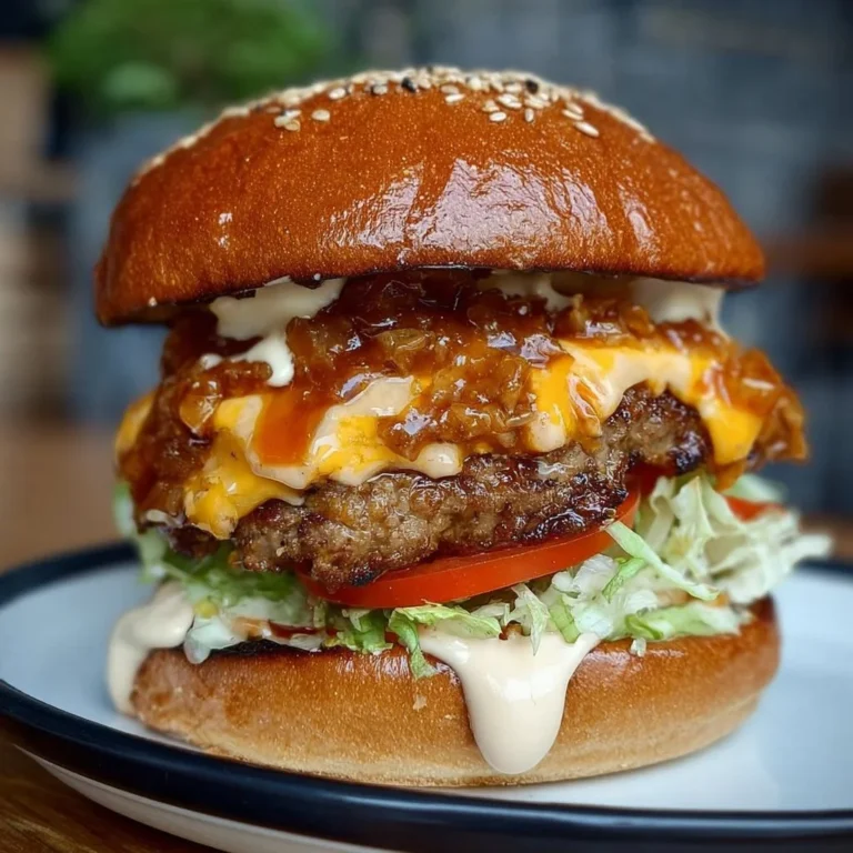 Juicy smash burger served with toppings on a rustic wooden table
