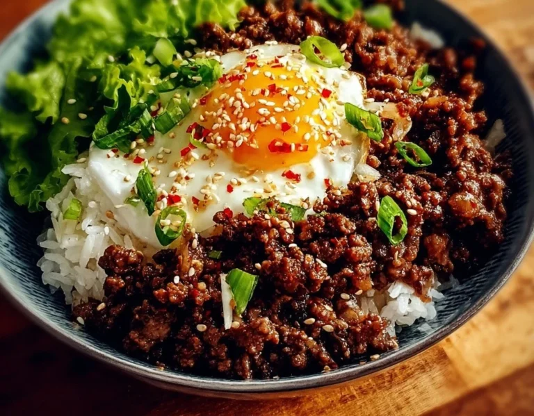Delicious Korean Ground Beef Bowl topped with vegetables.